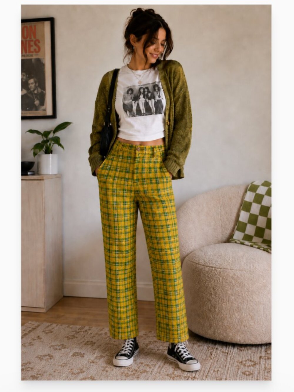 Free People Shape Up Trouser Pant Green/Yellow Plaid Combo - Size 2